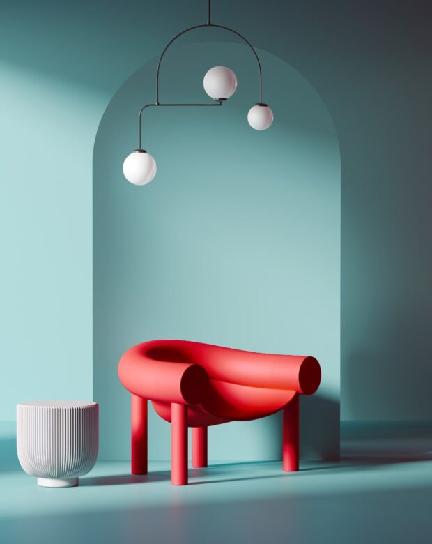 In a room filled with charm, a striking red chair and a stylish table take center stage, adding a pop of color.