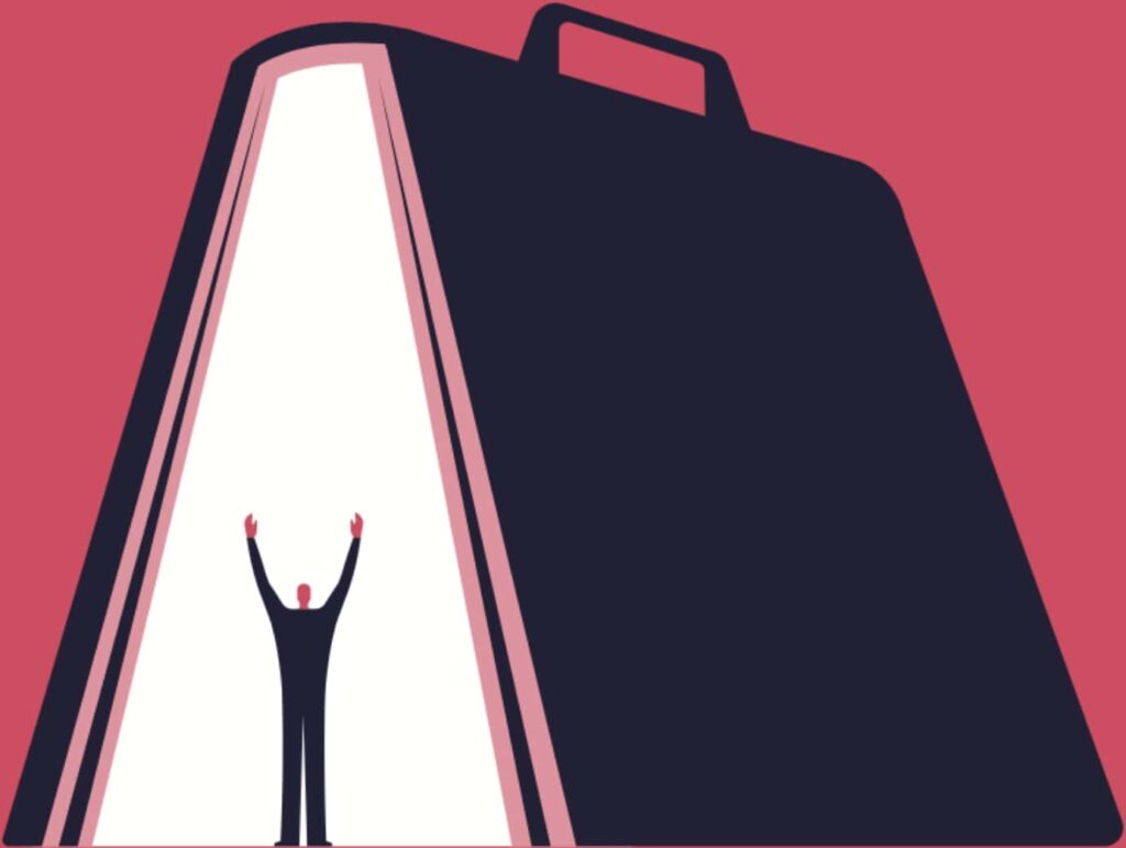 Illustration of a man standing arms raised in the opening of a book/brief case