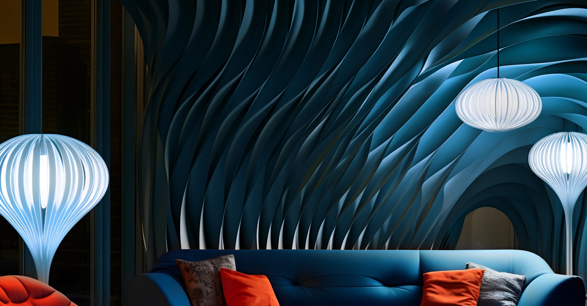 A minimalist living space with a blue couch and two lamps, exuding a calming vibe.