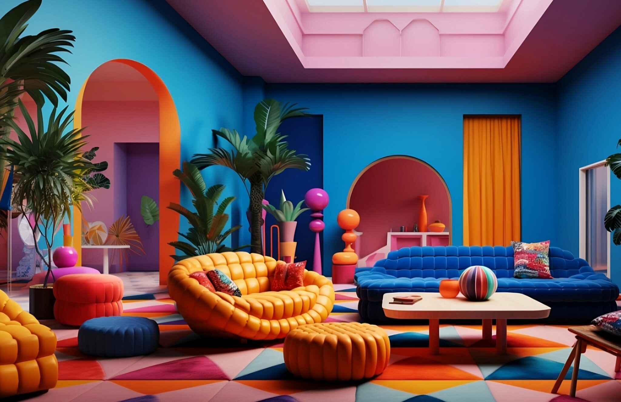 A vibrant living room with blue walls and a mix of colorful furniture, creating a cheerful and inviting atmosphere.