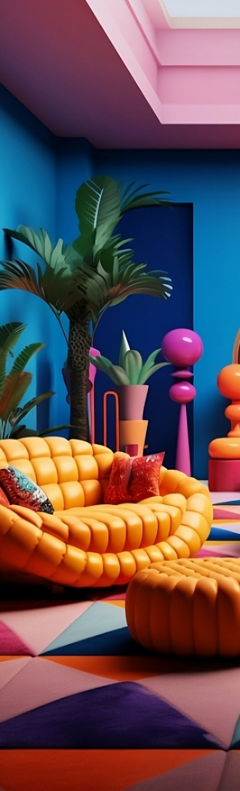 A vibrant living room adorned with orange furniture and an array of colorful plants, creating a lively and inviting atmosphere.