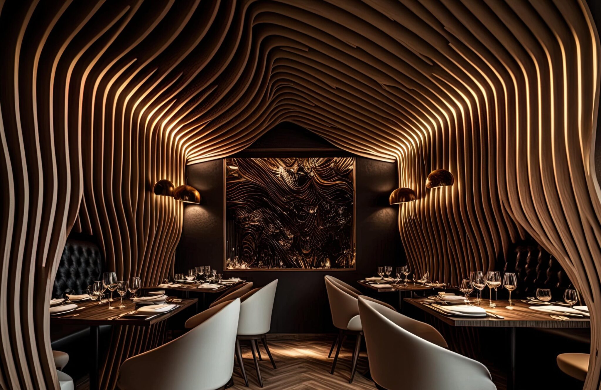 This image depicts a restaurant with rustic wooden walls and a spacious dining table, perfect for large groups or intimate gatherings.
