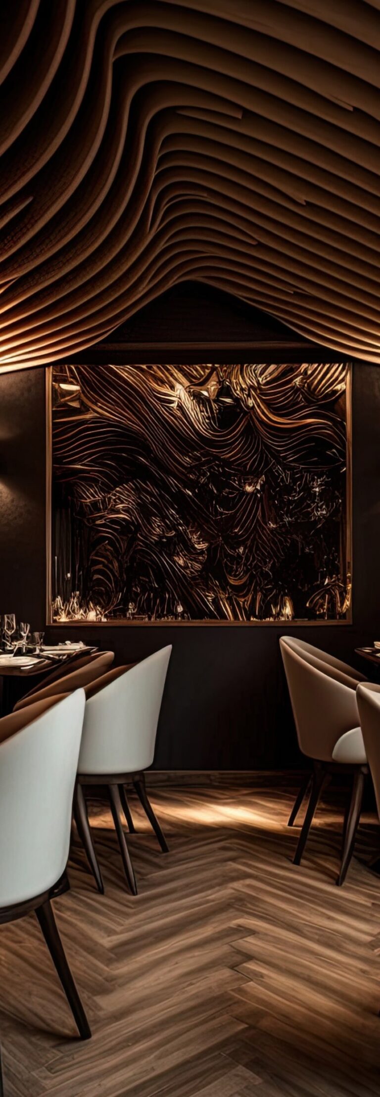 This image depicts a restaurant with wooden walls and a spacious ceiling, creating a warm and inviting atmosphere.