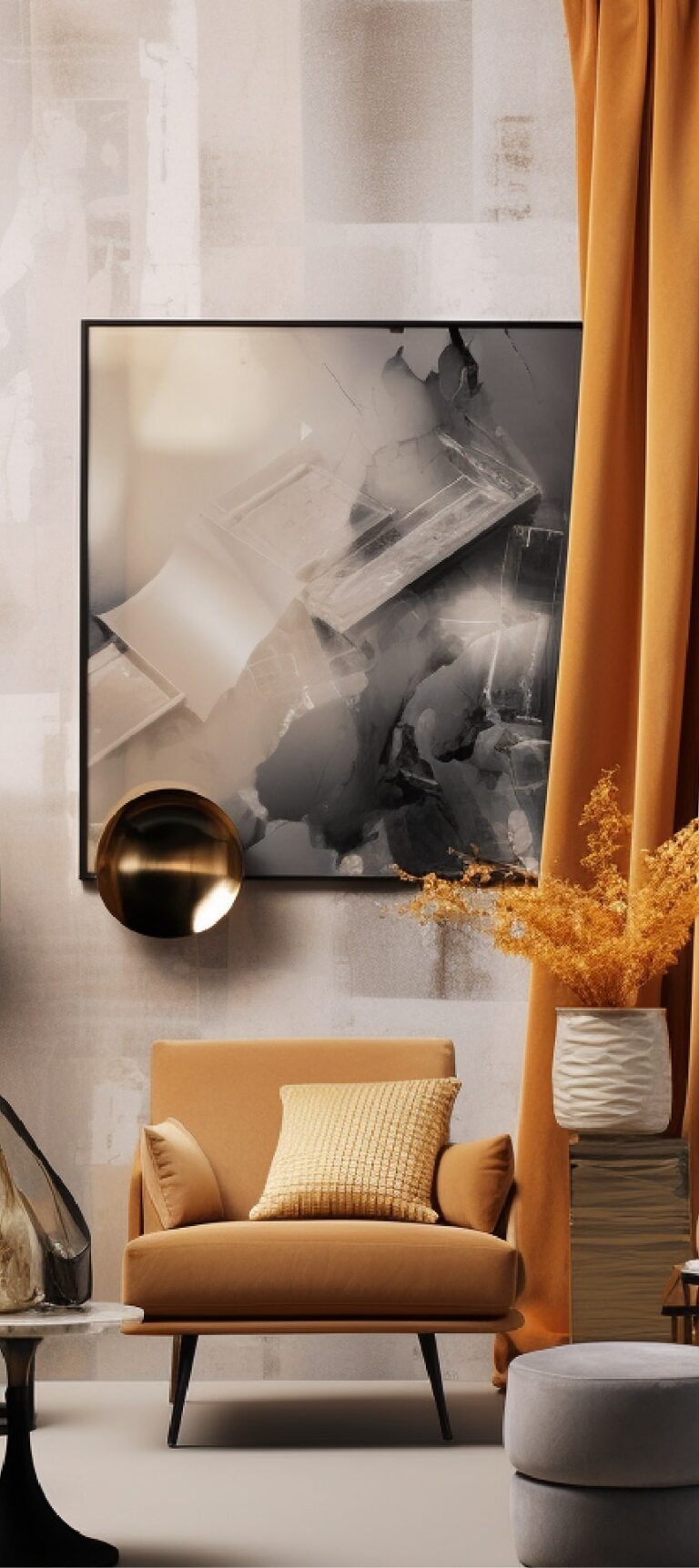 A yellowish chair in the centre of a room with a plant pot and picture surrounding it