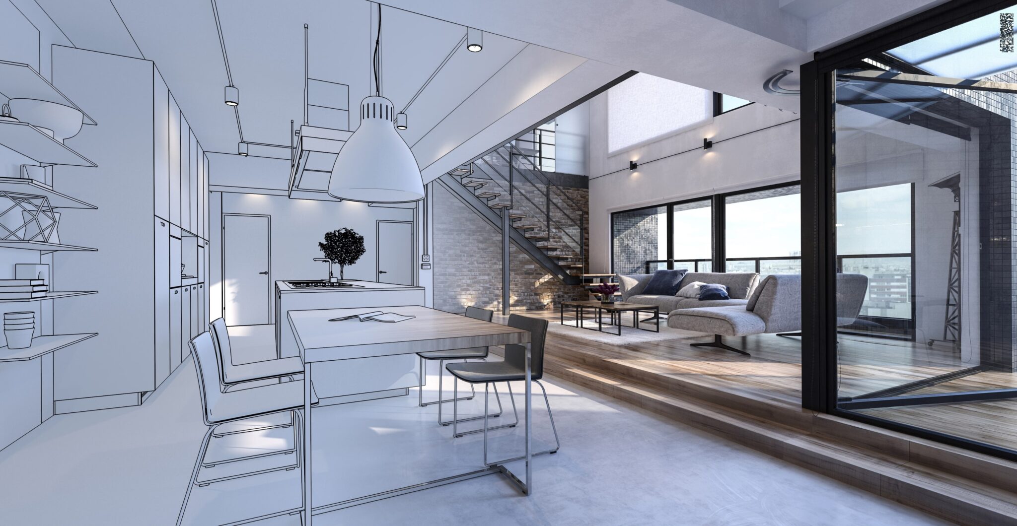 A contemporary living room and kitchen depicted in a detailed drawing.